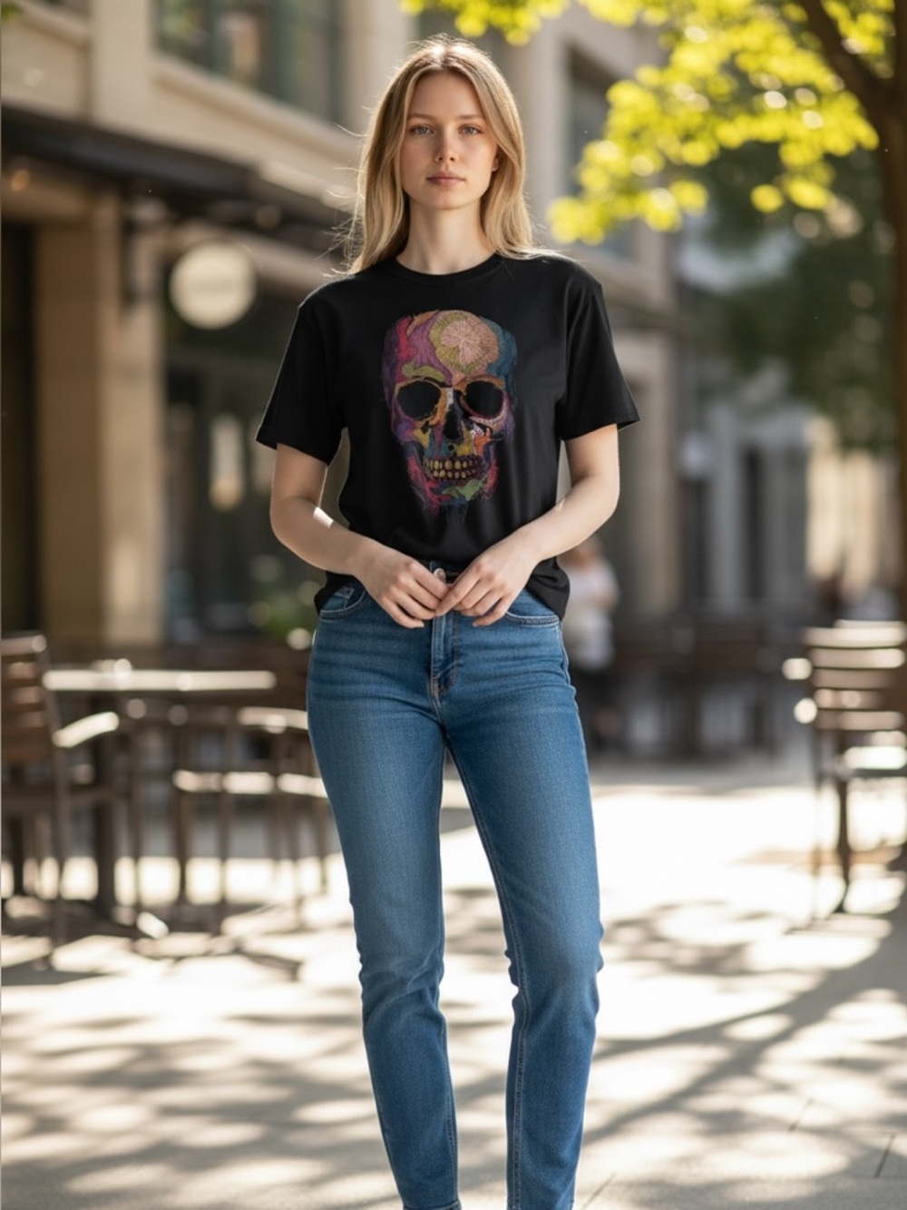 Ay Guey flower Skull Graphic Multicolor black surround women’s t-shirt
